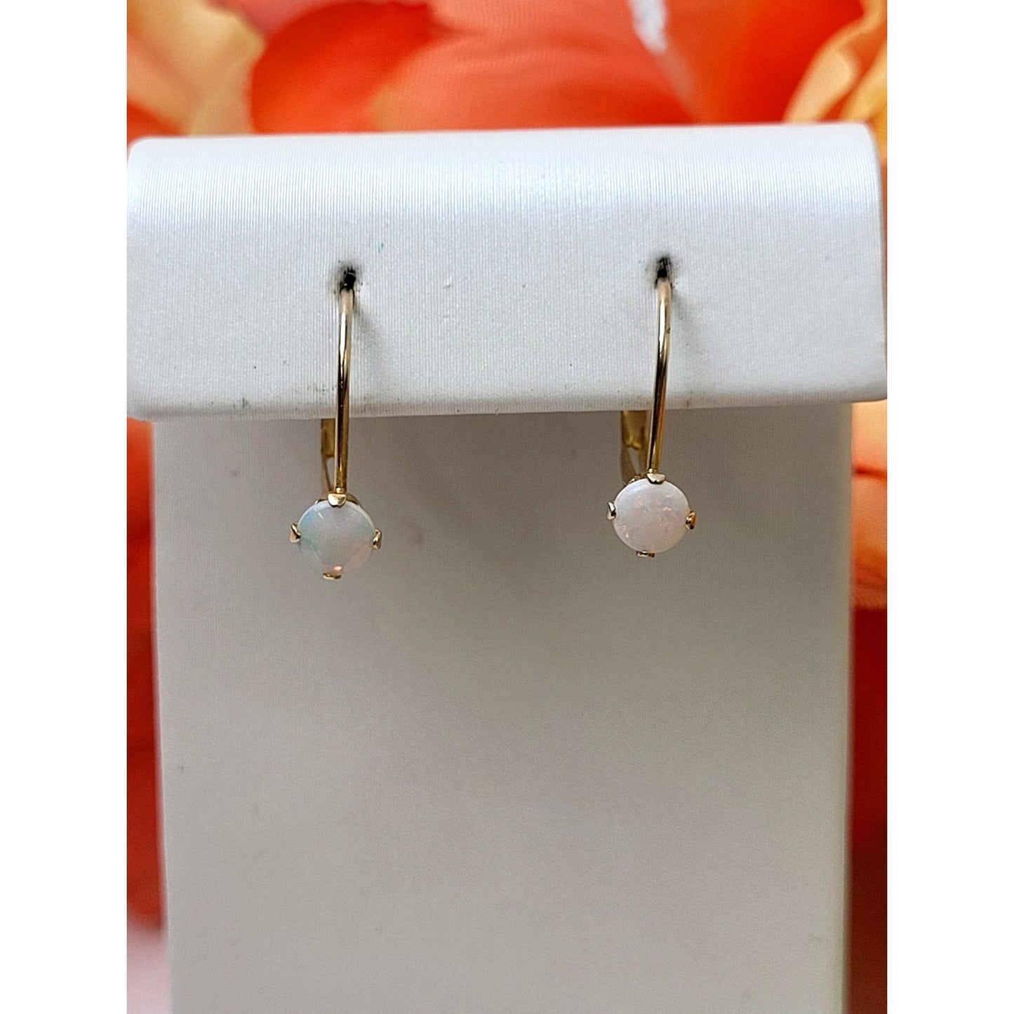 VTG 14K Yellow Gold Opal Dangle Drop Earrings in Box | 15mm Drop