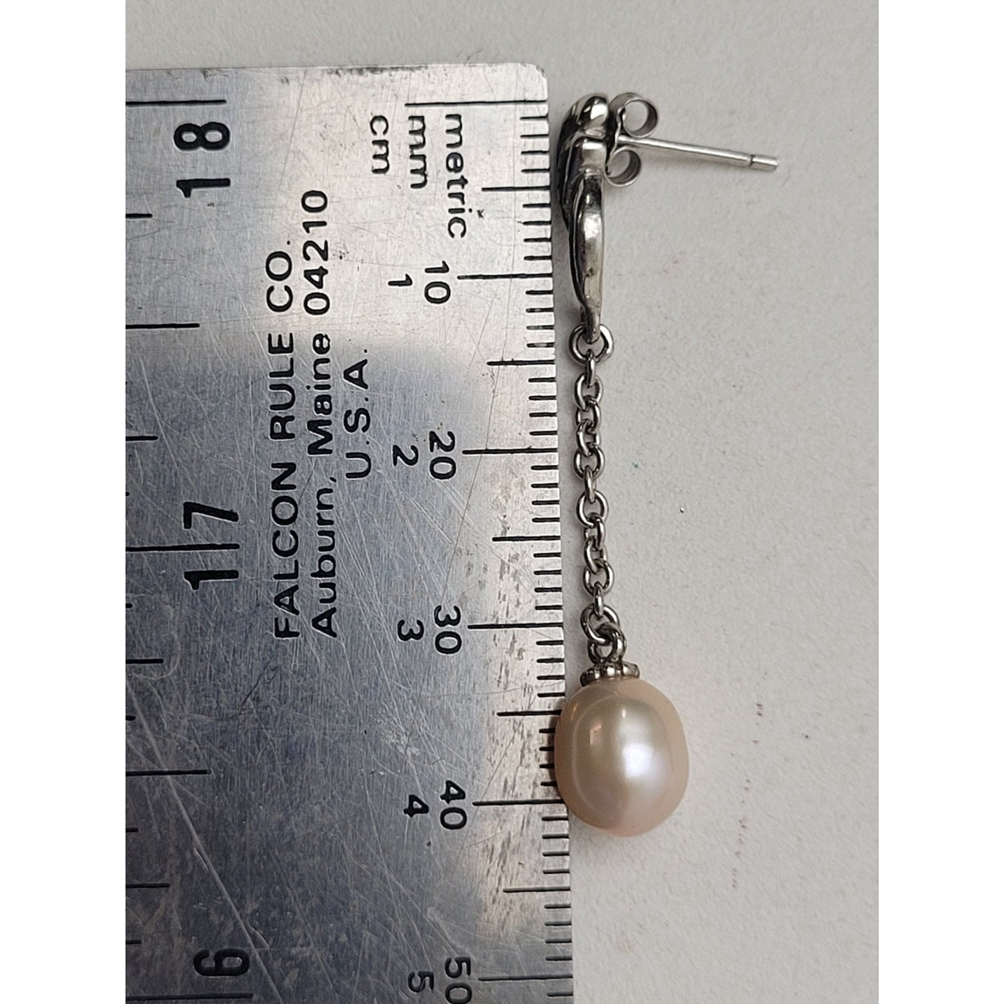 VTG Sterling Silver Drop Dangle Earrings Pink Freshwater Pearls & Chain | 42mm L
