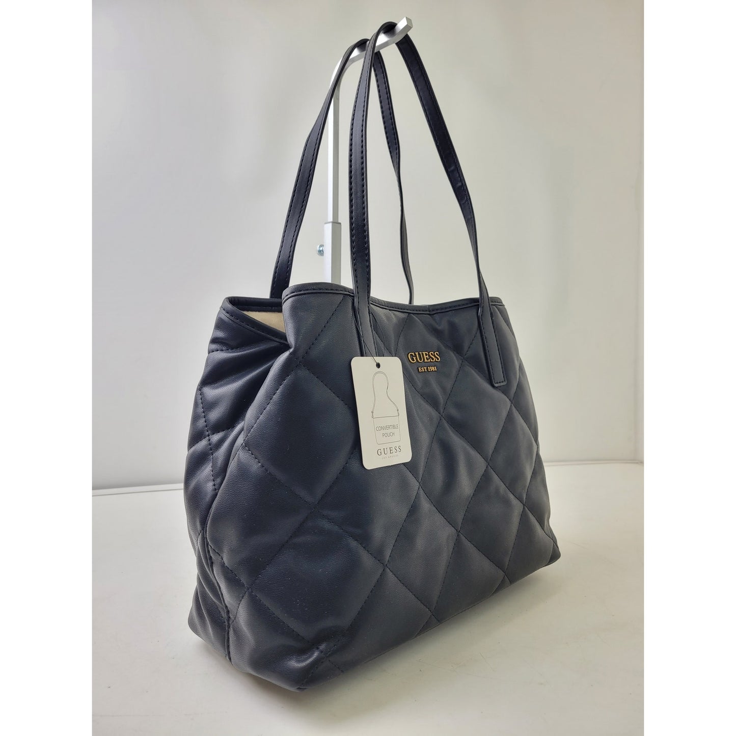 Guess Vikky Tote Handbag 2-Piece Set Black Quilted Faux Leather NWT