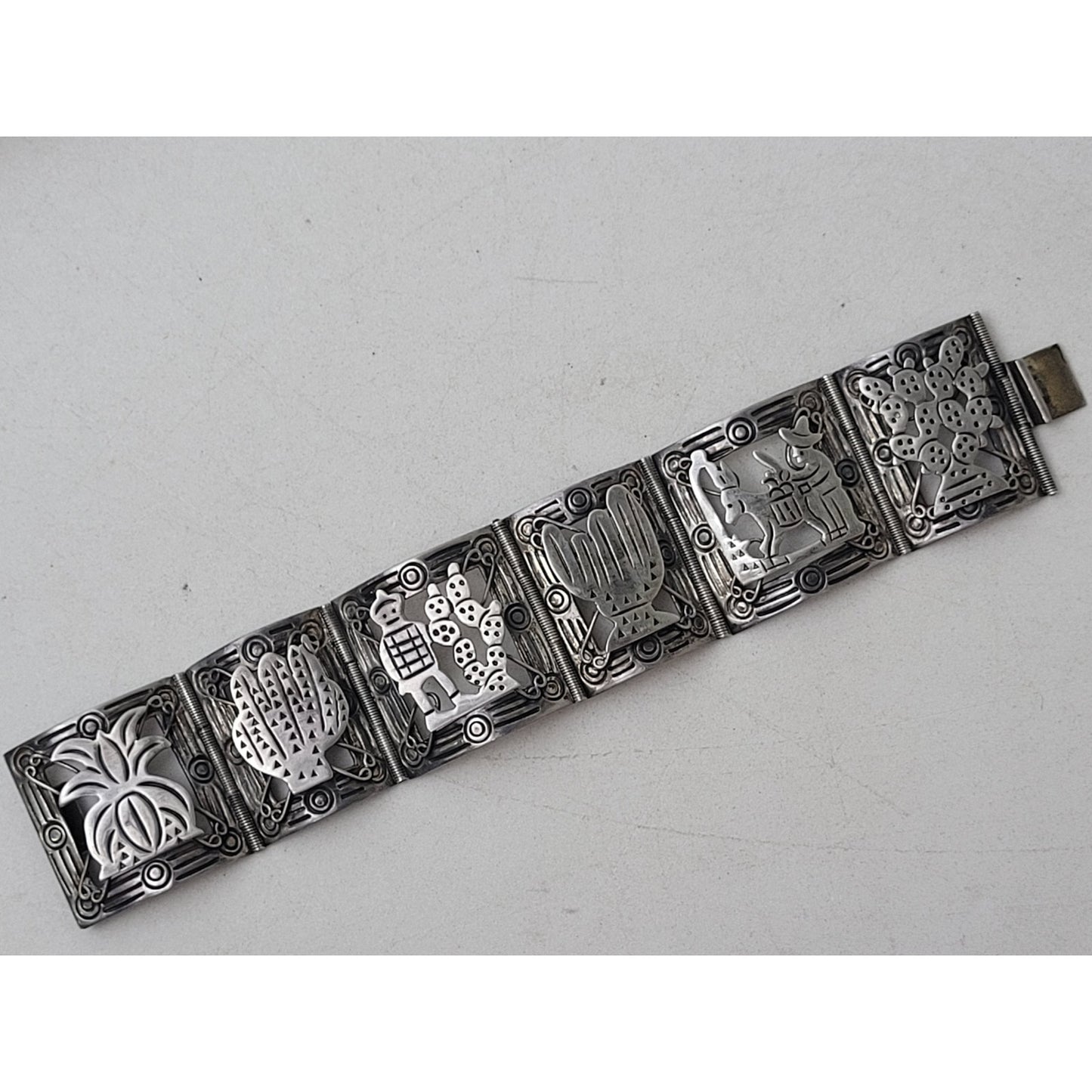 Vintage 1940s Mexican Sterling Silver Panel Bracelet in Original Box