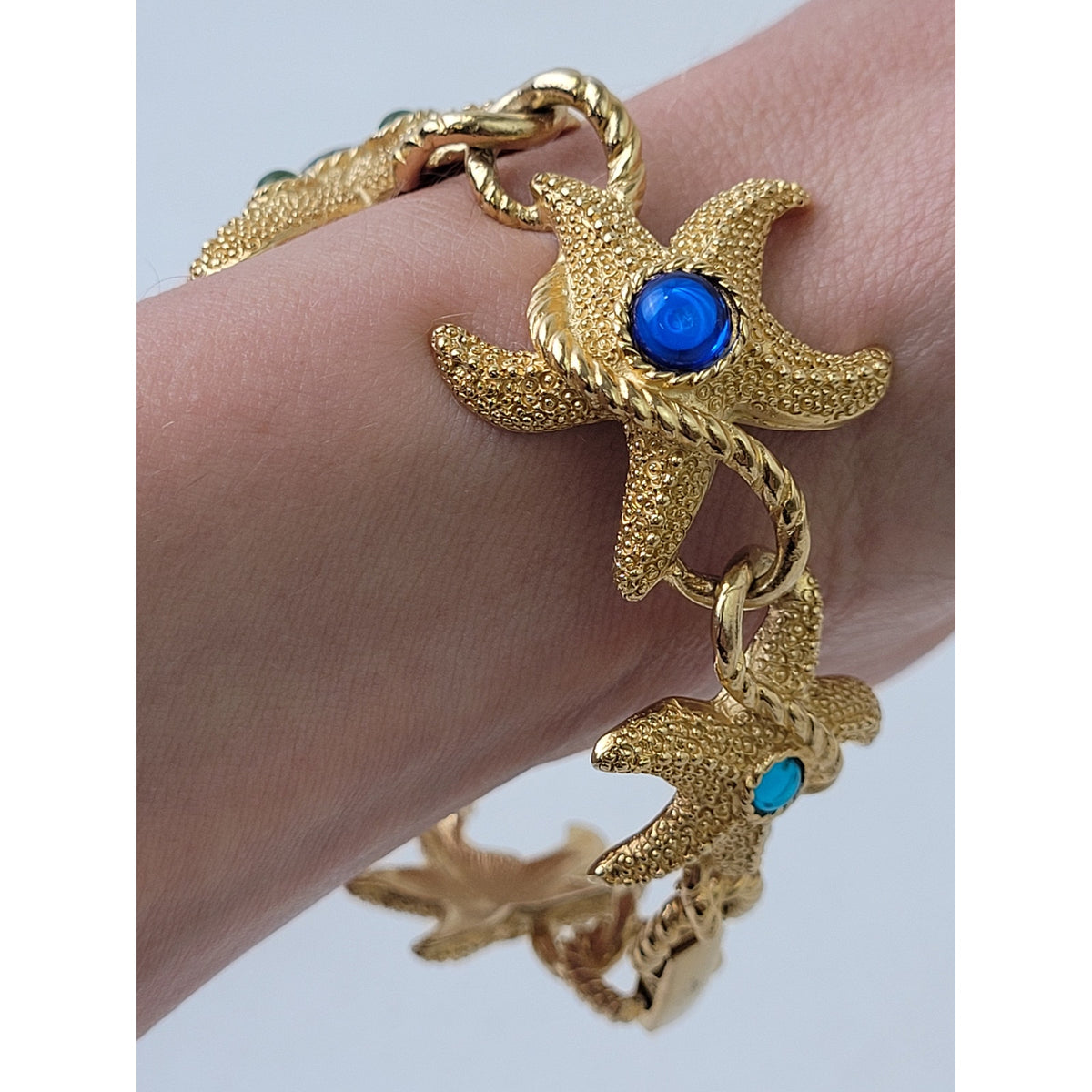 VTG 80s Trifari Gold-Tone Starfish Bracelet w Blue & Green Cabochon Stones EUC