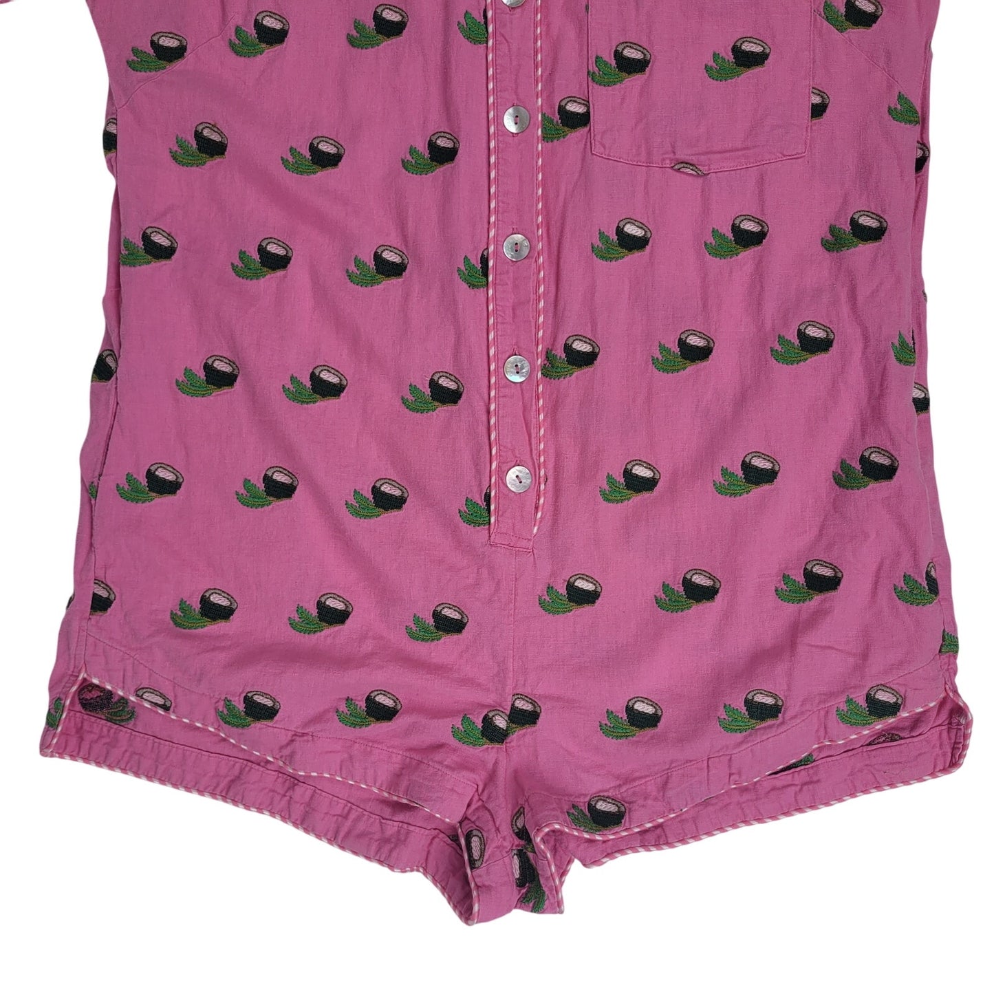 FARM Rio Cross Stitch Coconut Romper Pink Mother-of-Pearl Buttons Sz L
