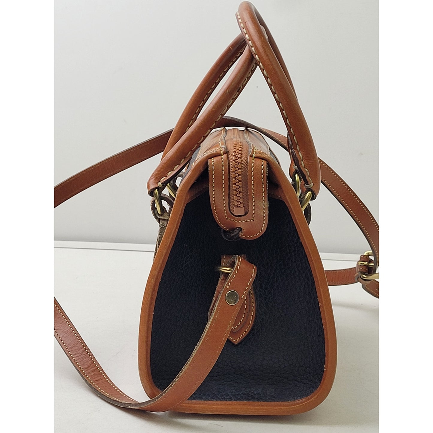 Vintage Dooney & Bourke All-Weather Leather Satchel Navy Blue, Tan, & Brass