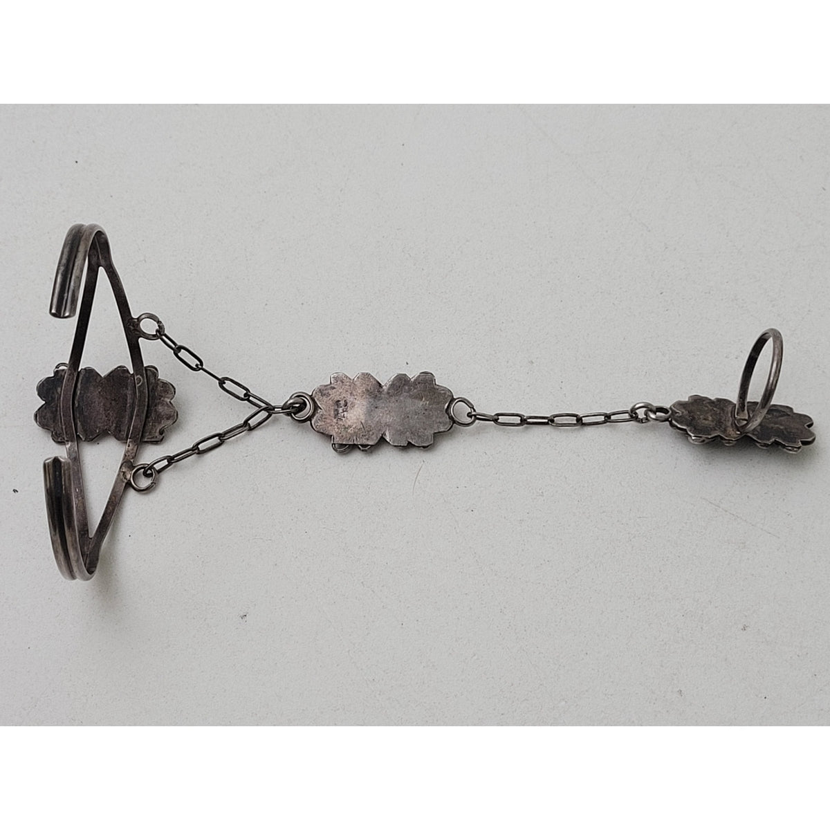 Vintage Navajo Sterling Silver Bracelet Ring Chained Set w Onyx Stones