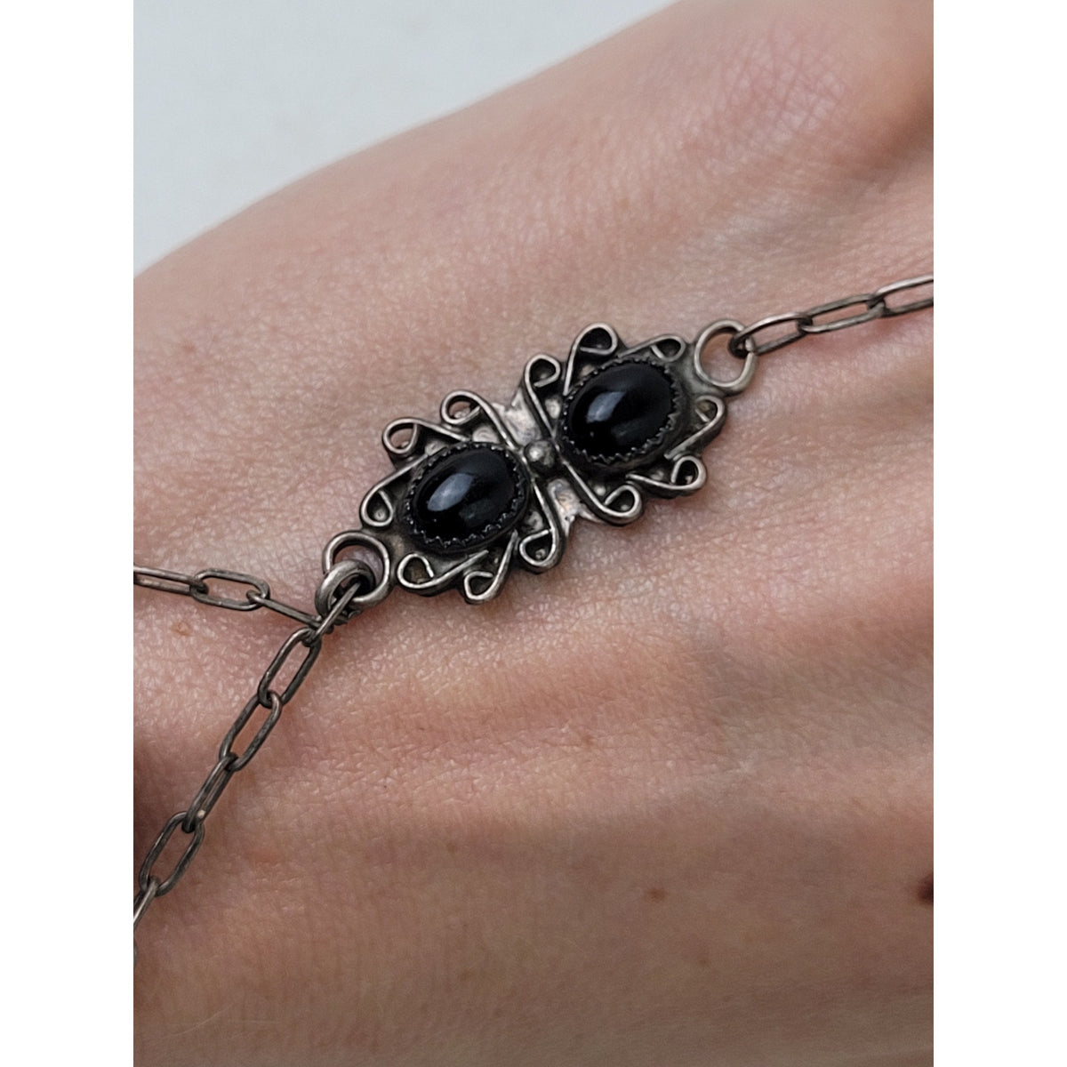 Vintage Navajo Sterling Silver Bracelet Ring Chained Set w Onyx Stones
