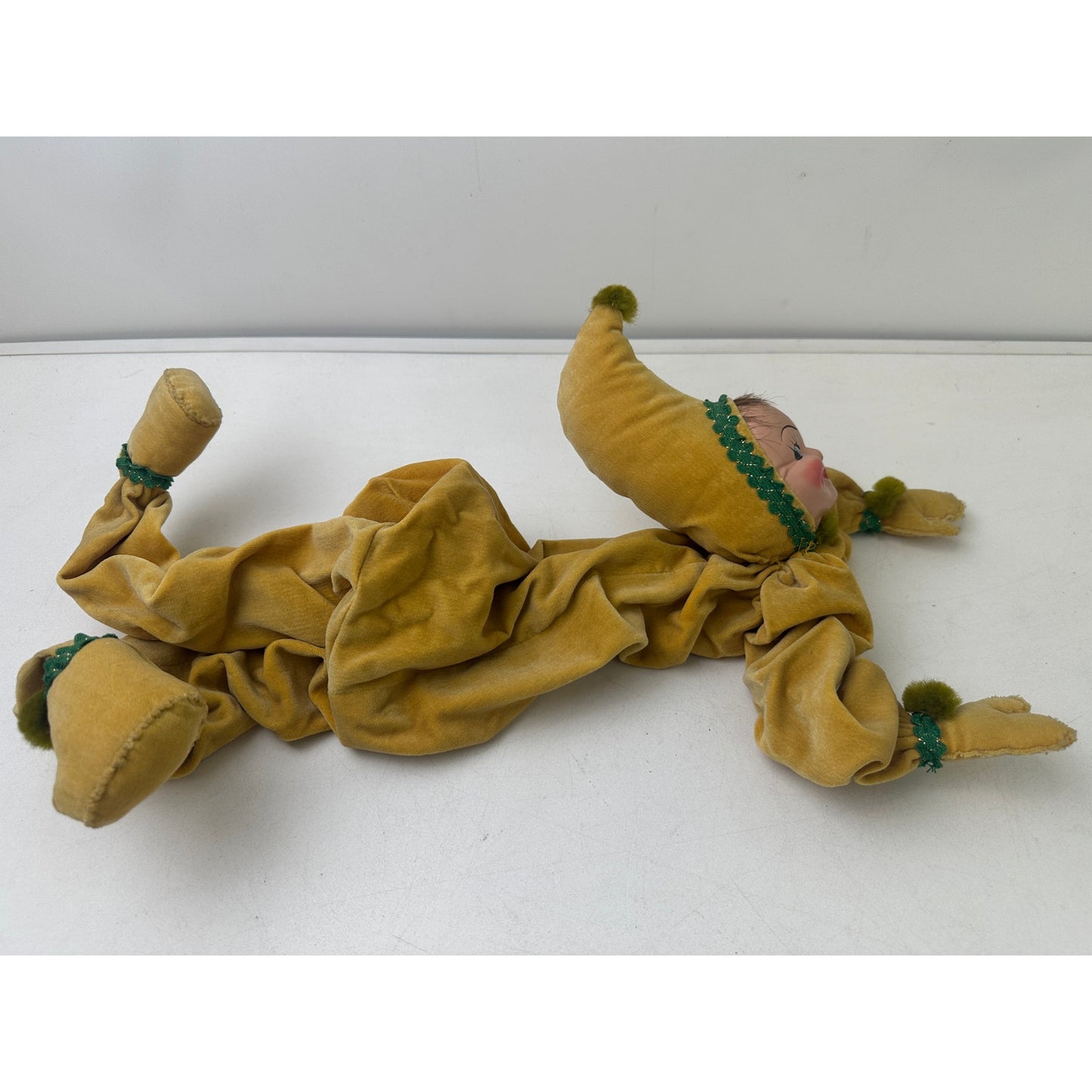 Vintage Yellow Velvet Posable Pixie Jester Boudoir Doll