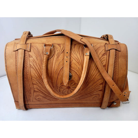 Vintage Hand Tooled Leather Western Style Doctor's Travel Luggage Bag XXL