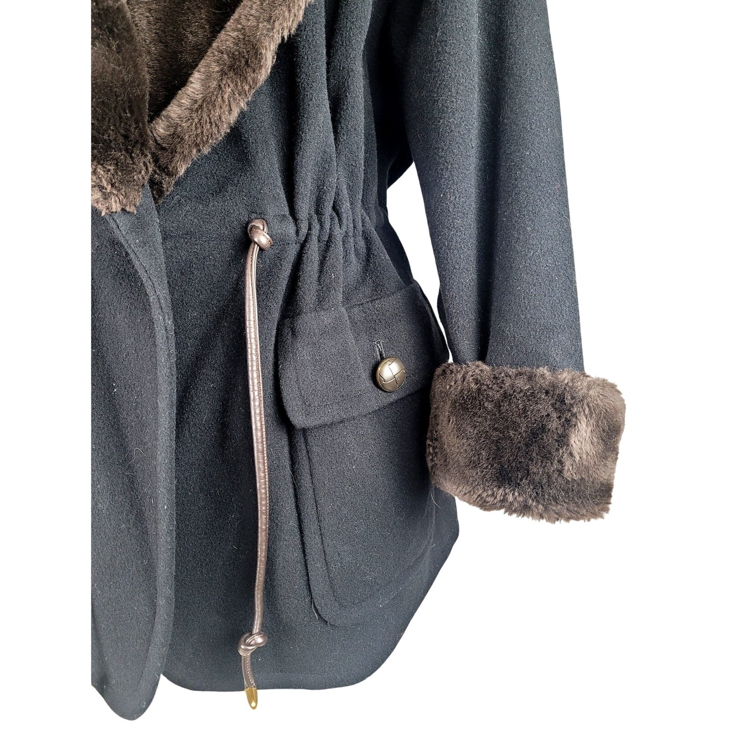 Vintage Anne Klein II Black Wool Faux Fur Trim Coat Women's Sz M