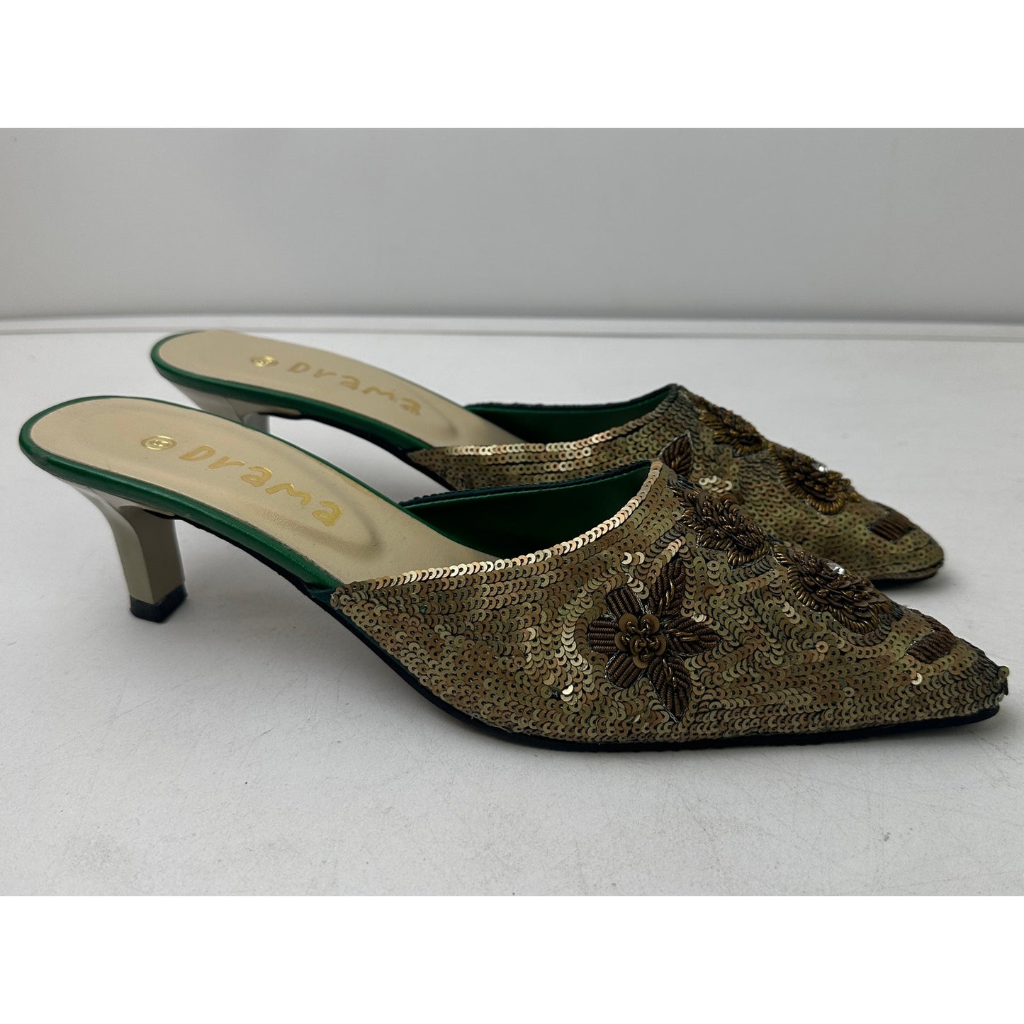 Drama Vintage Gold Beaded Sequin Kitten Heel Mules Women's Sz 9