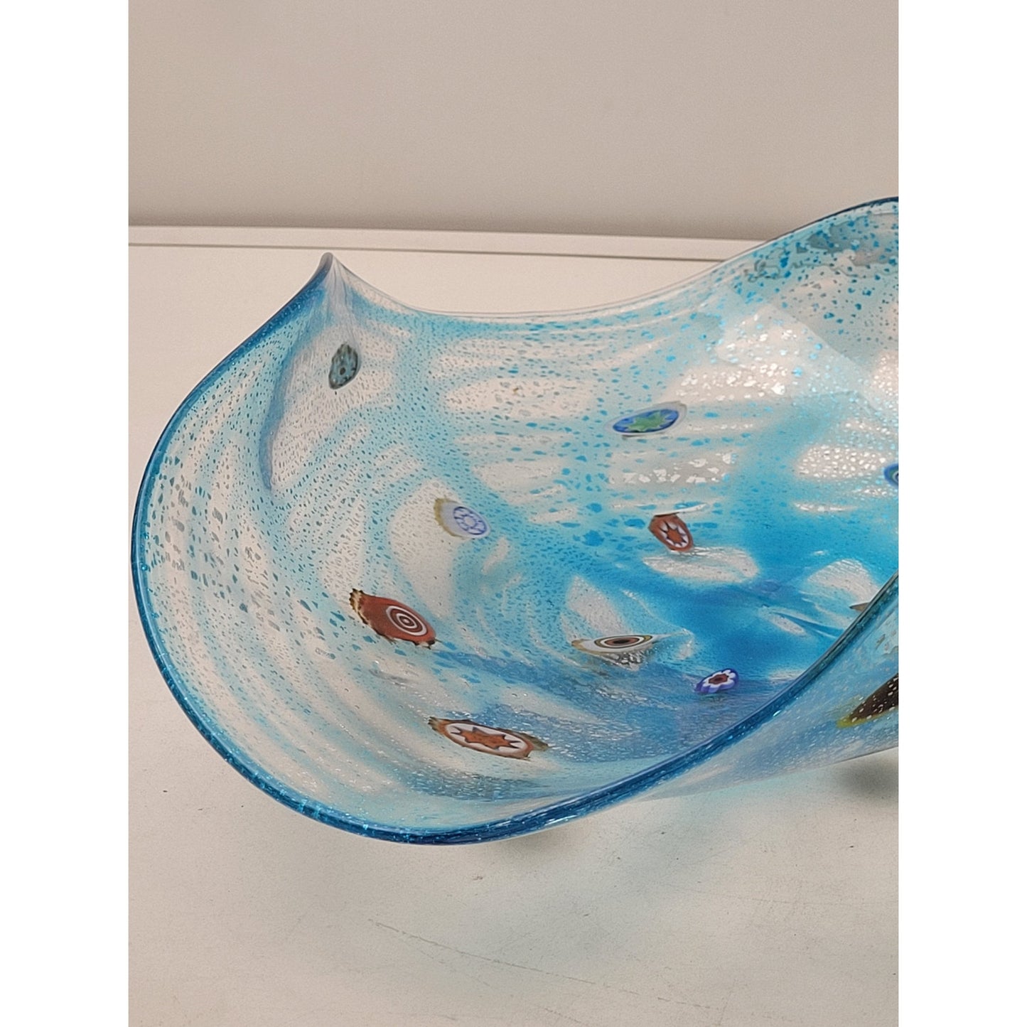 VTG Murano Glass Art Wavy Glass Bowl Light Blue Multicolored 12 1/2"x12 1/2"