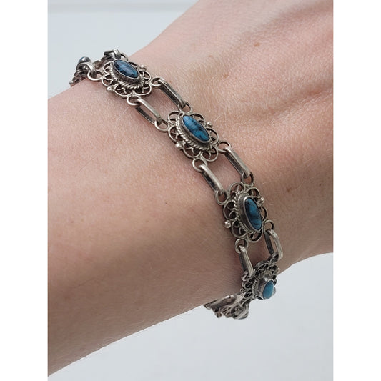 Vintage Sterling Silver Bracelet Intricate Filigree & Turquoise Stones | Mexico