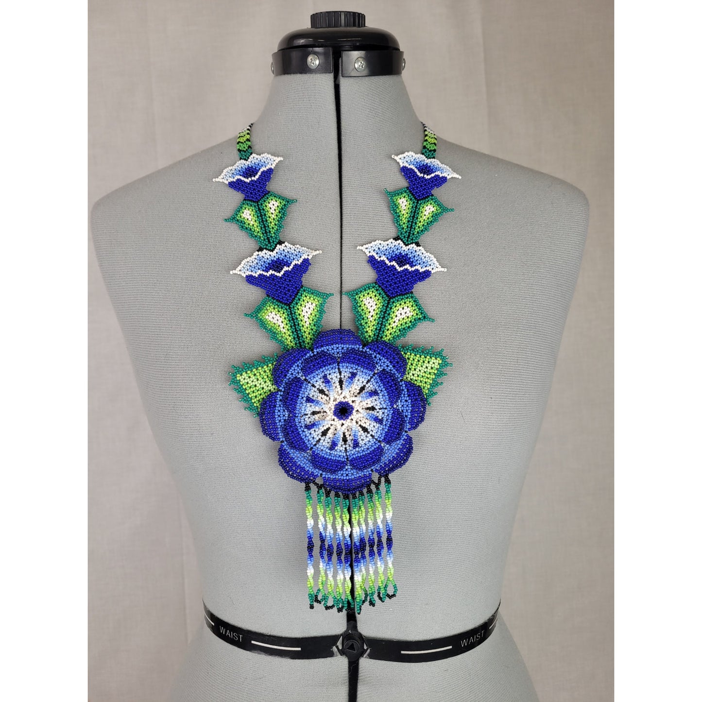 Huichol Beaded Flower Necklace Blue & Green Glass Beads
