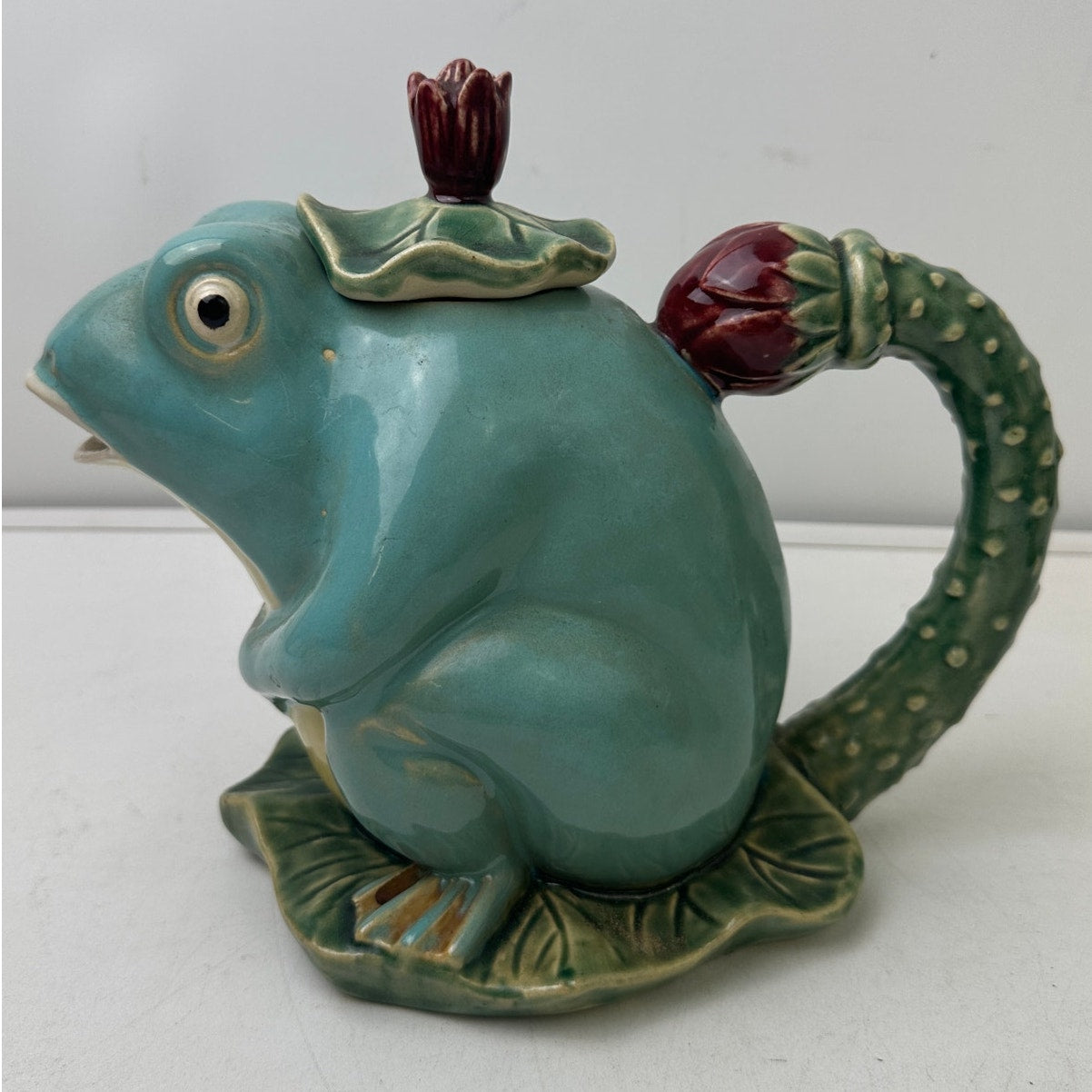 Vintage Henrikson Imports Majolica Frog Teapot, Creamer, & Sugar Bowl 3 Pc Set