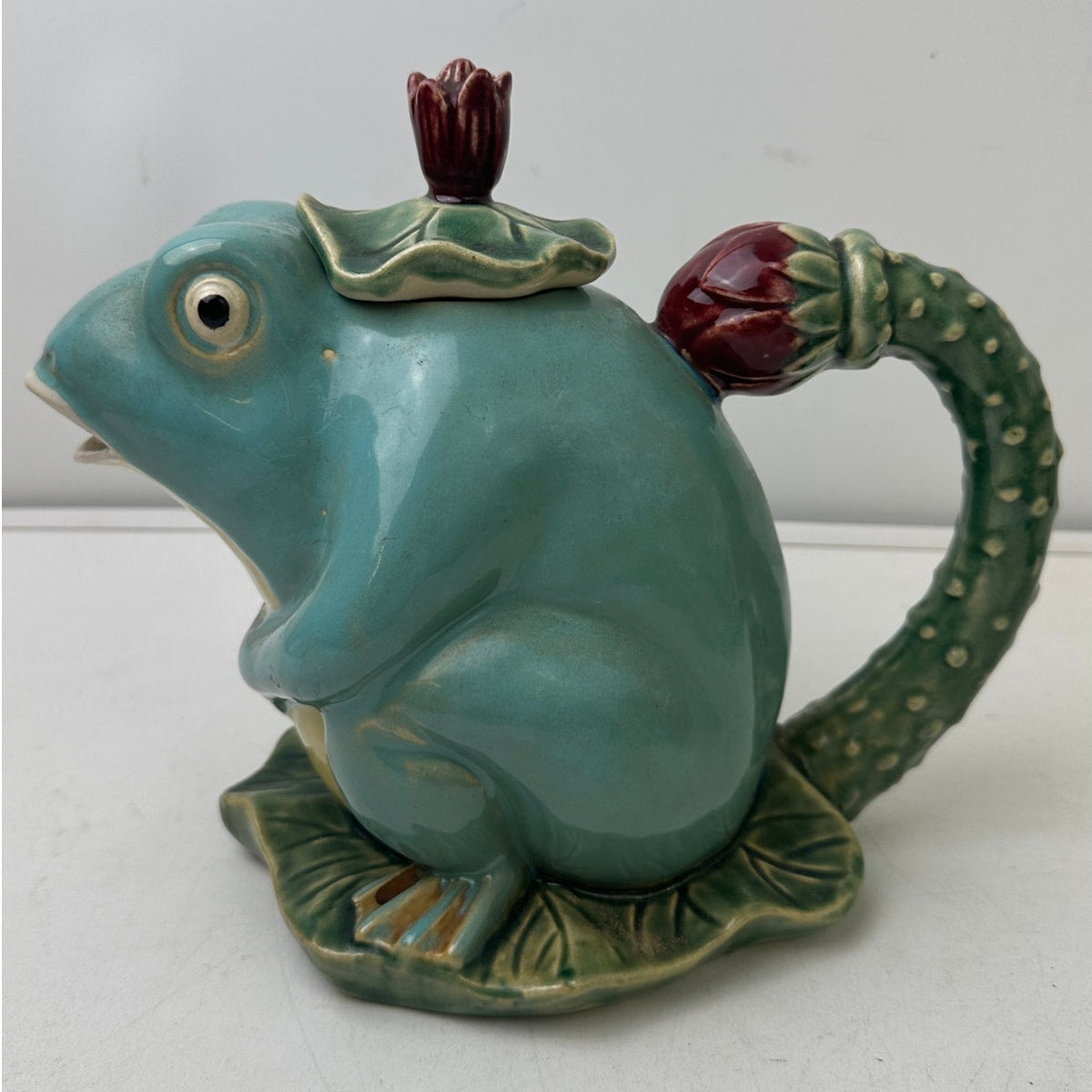 Vintage Henrikson Imports Majolica Frog Teapot, Creamer, & Sugar Bowl 3 Pc Set