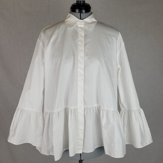 Club Monaco White Button-down Peplum Blouse w Gathered Waist Sz L NWT