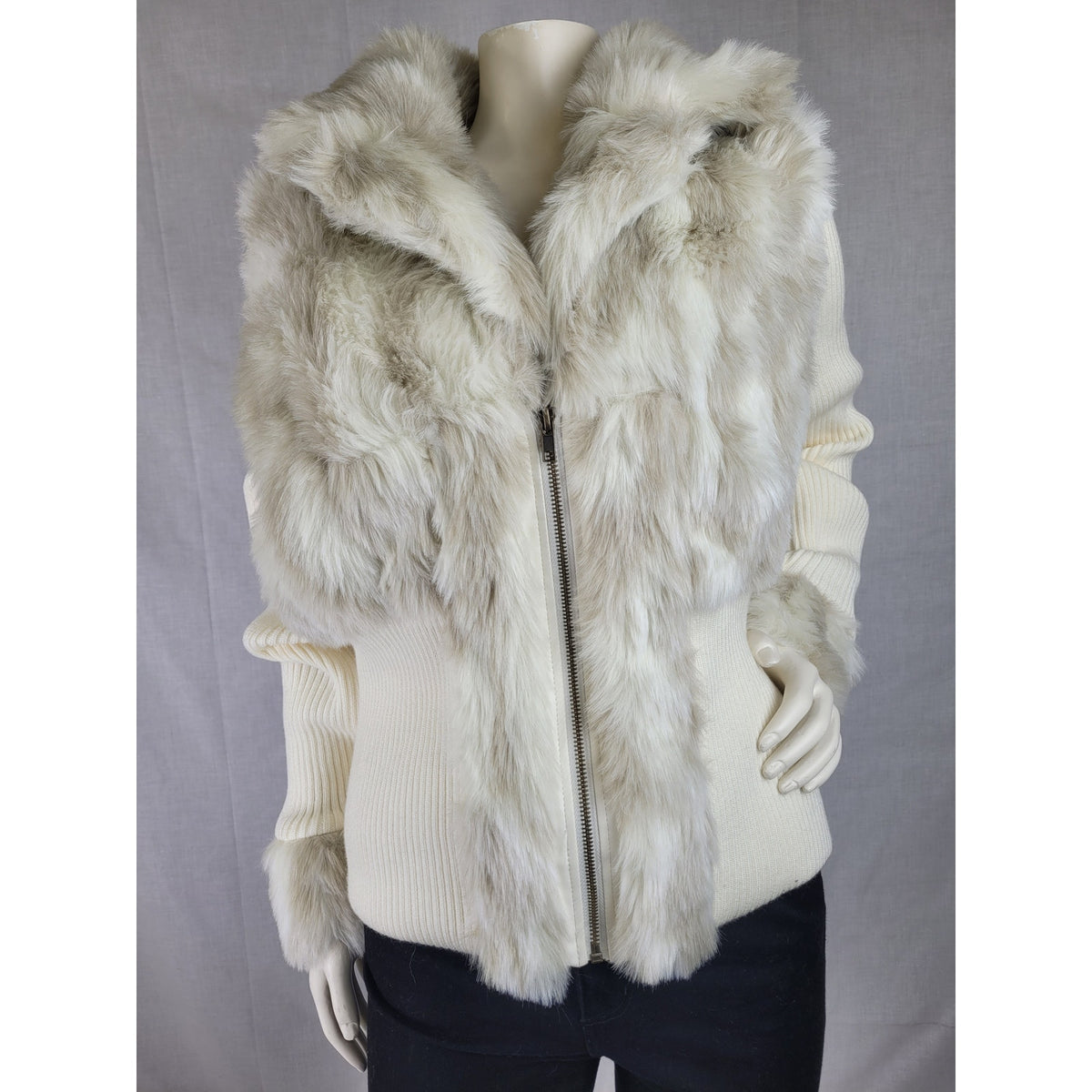 Y2K Boston Proper Faux Fur Ribbed Knit Sweater Jacket Women's Sz L