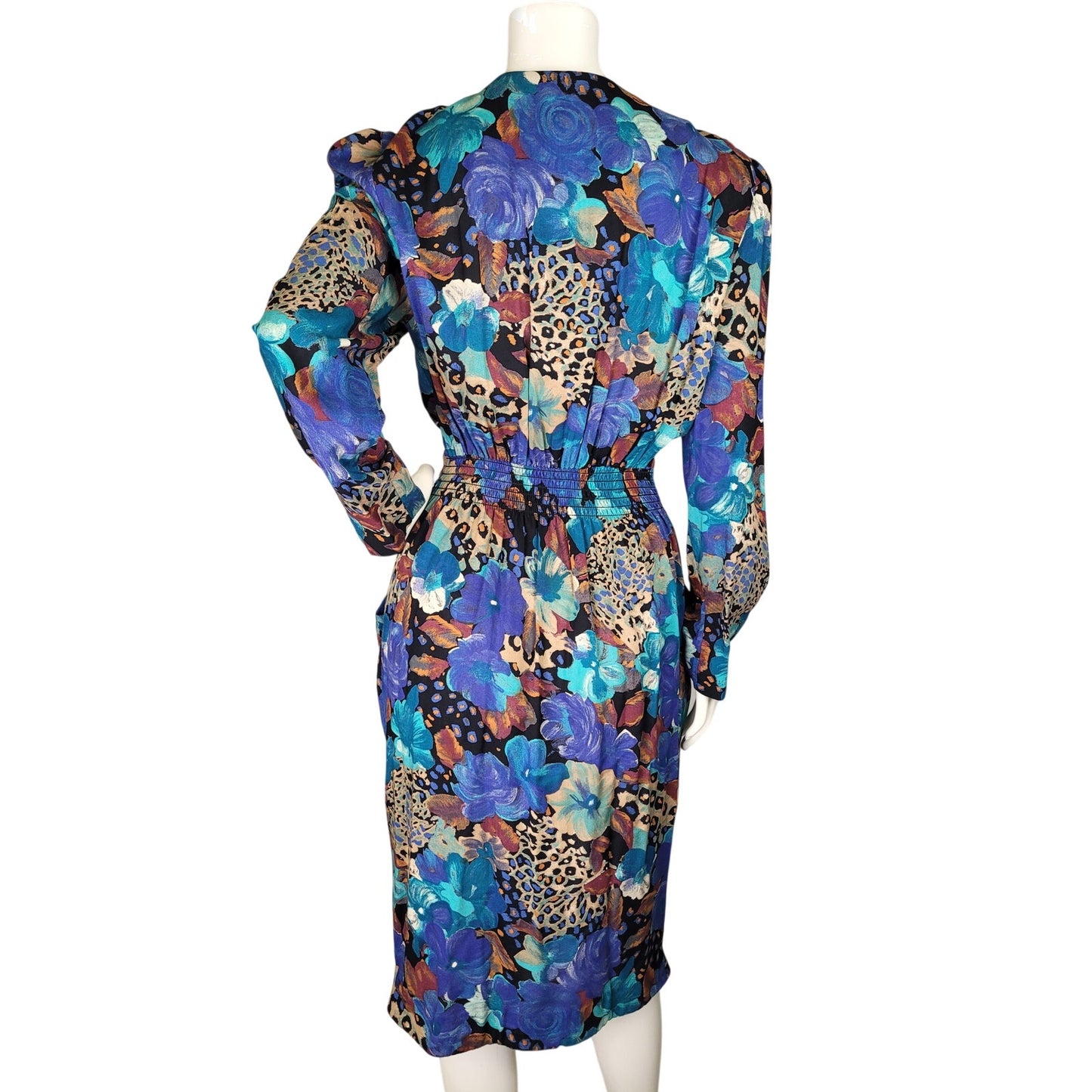 Vintage 1990s Mixed Print Below the Knee Dress w Slight Puff Sleeves Sz S