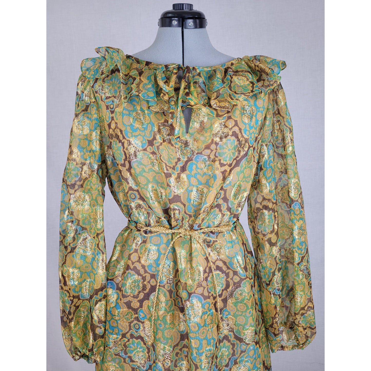 Vintage 1960-70s Adele Simpson Sheer Dress Metallic Fabric Belted Sz S/M