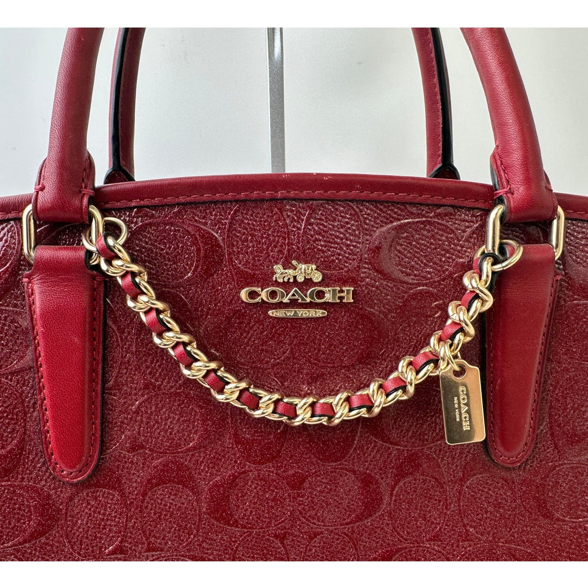 Coach Signature Debossed Patent Leather Cherry Red Small Margot Carryall