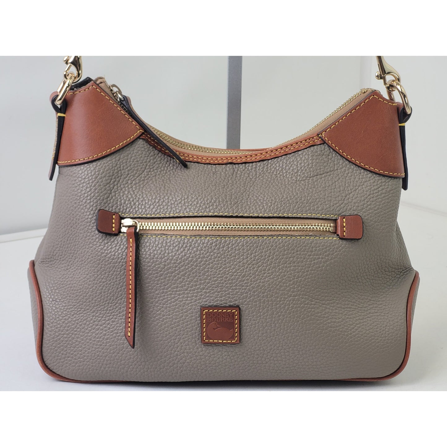 Dooney & Bourke Pebble Grain Small Hobo Shoulder Bag Taupe Body & Brown Trim