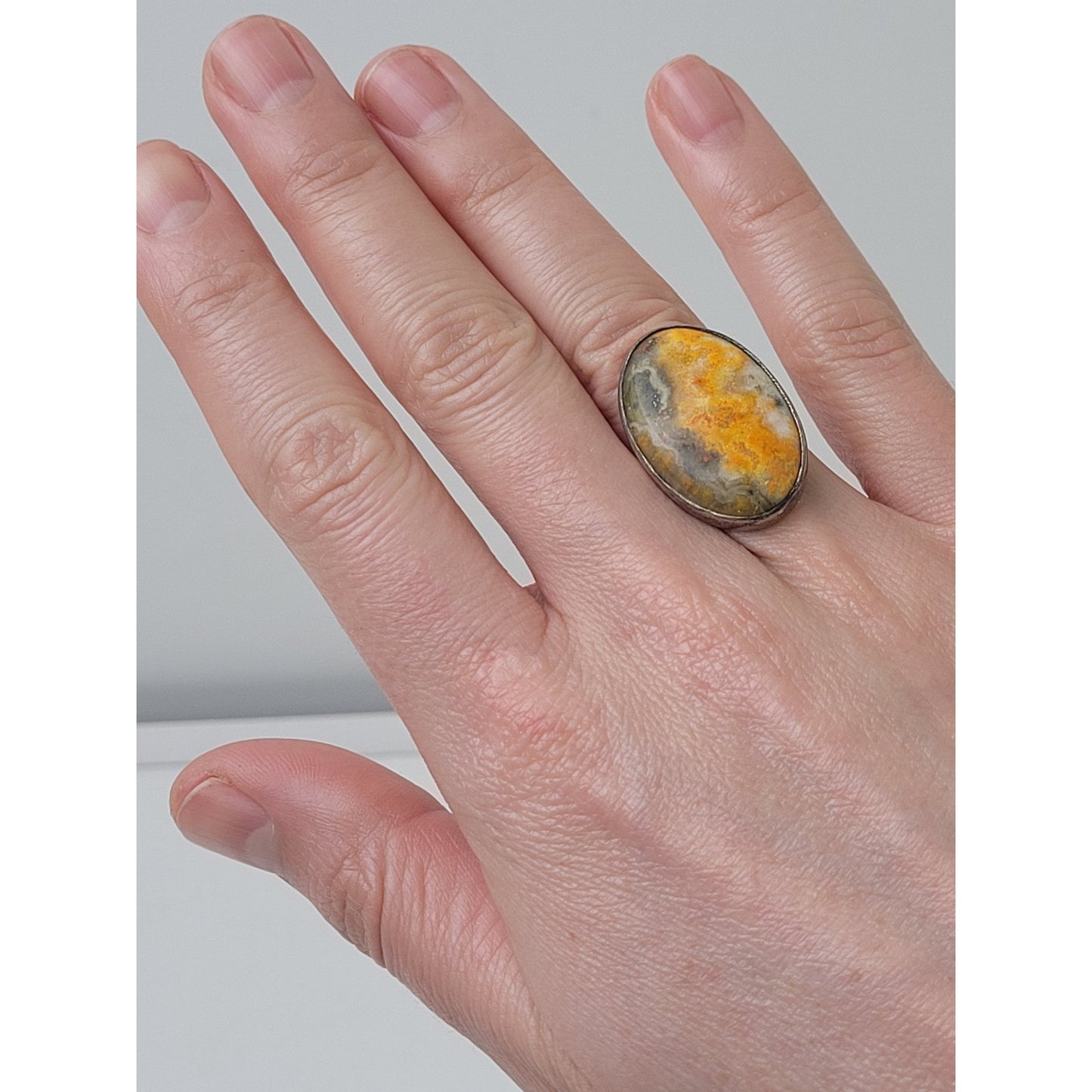 Sterling Silver Large Oval Yellow Bumble Bee Jasper Ring | Sz 6