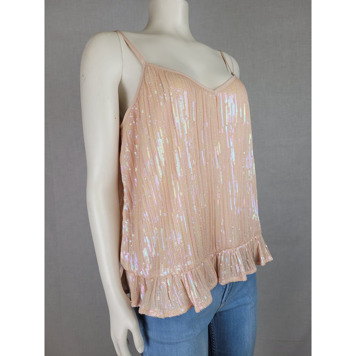 Anthropologie Amelie Iridescent Sequin Camisole Ruffled Hem Pink/Rose Sz 6 NWT