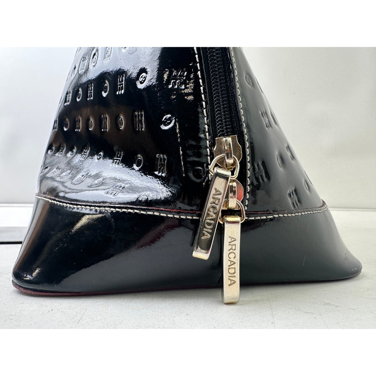 Arcadia Italy Black Patent Leather Leather Embossed Logo Dome Satchel Bag