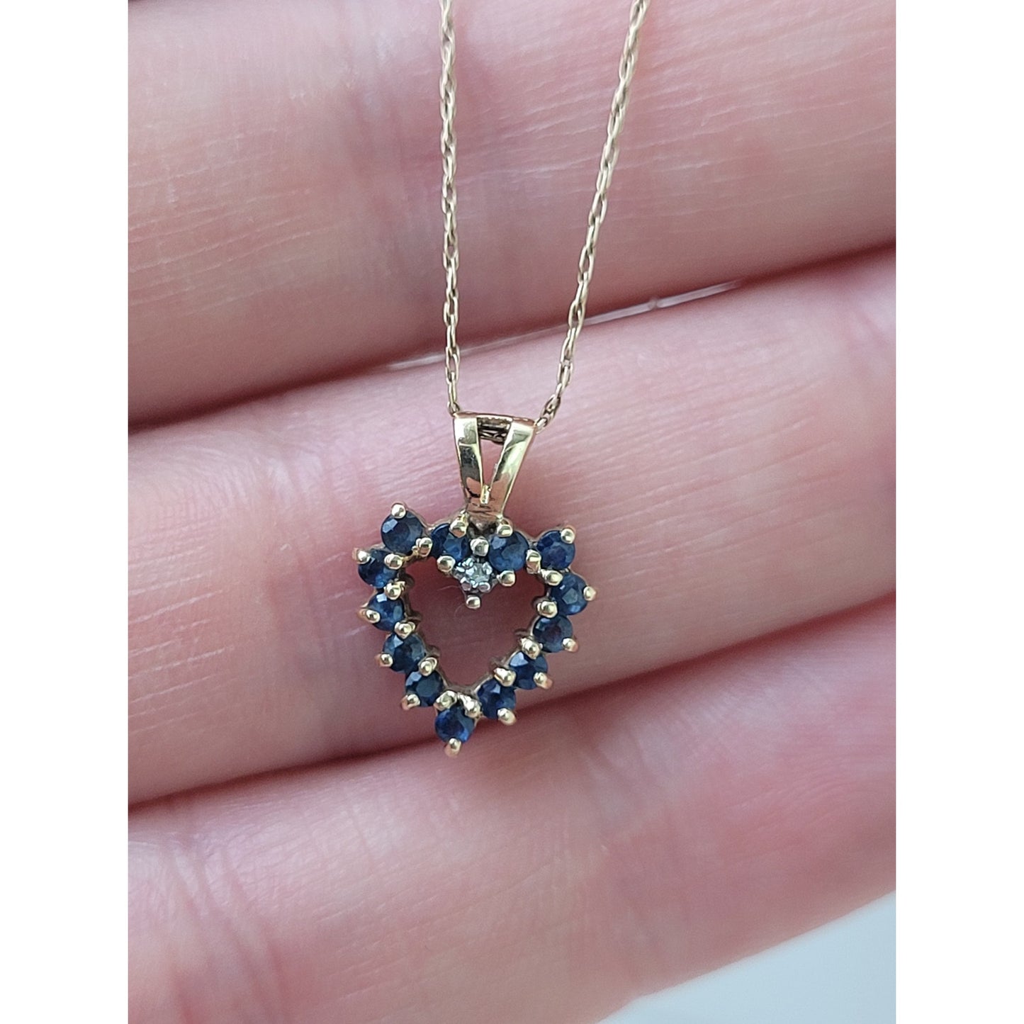 10K Yellow Gold Necklace Reversible Open Heart Pendant Ruby & Sapphire