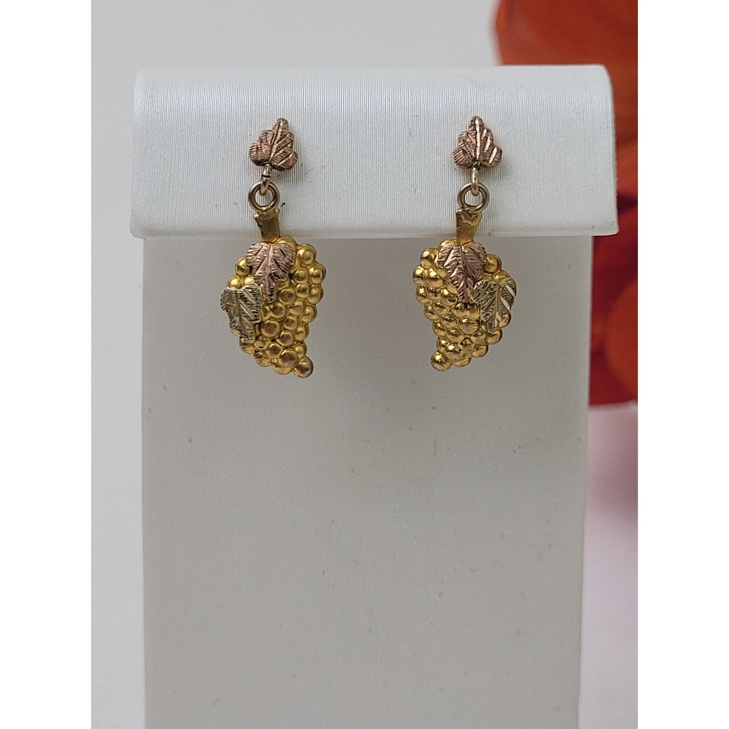 14K Black Hills Gold Grapes Leaves Post Dangle Earrings | 1.74 grams