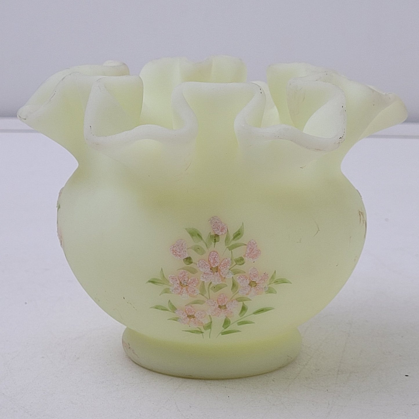 Vintage 1970s Fenton Custard Ruffle Vase Painted Pink Blossoms Signed
