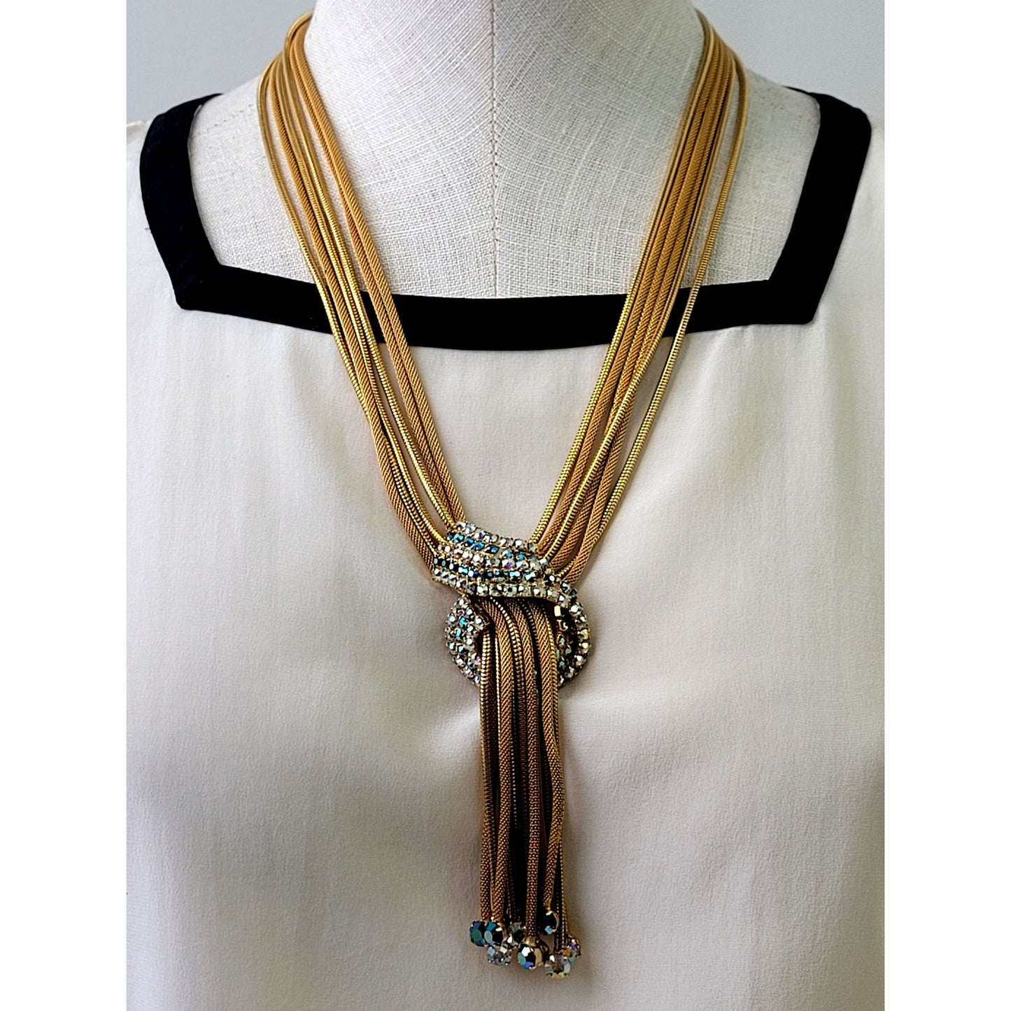 Vintage Gold-Tone Aurora Borealis Rhinestone Multi-Strand Necklace/Earrings Set