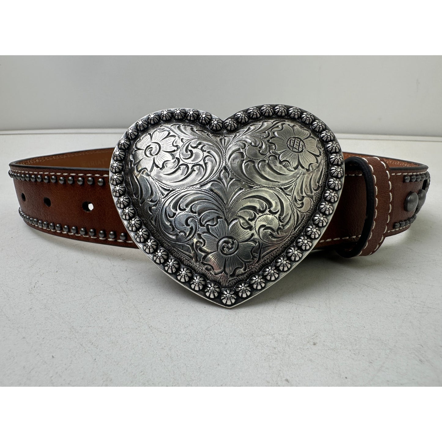 Ariat Western Brown Leather Belt W/ Silver Heart Buckle Children's Sz 24
