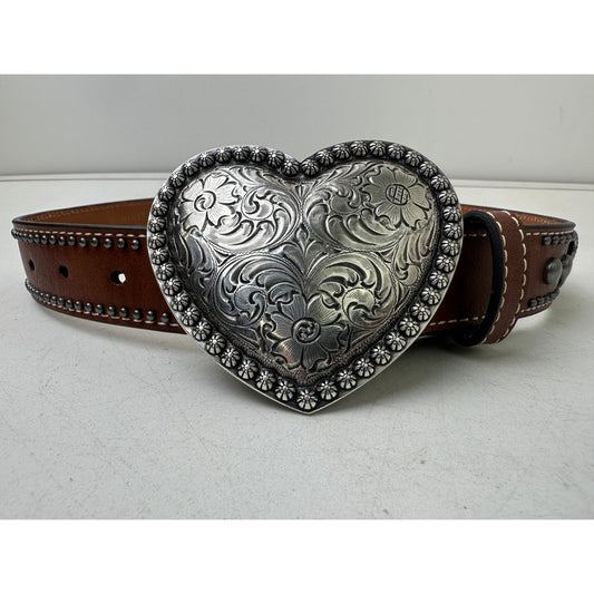 Ariat Western Brown Leather Belt W/ Silver Heart Buckle Children's Sz 24