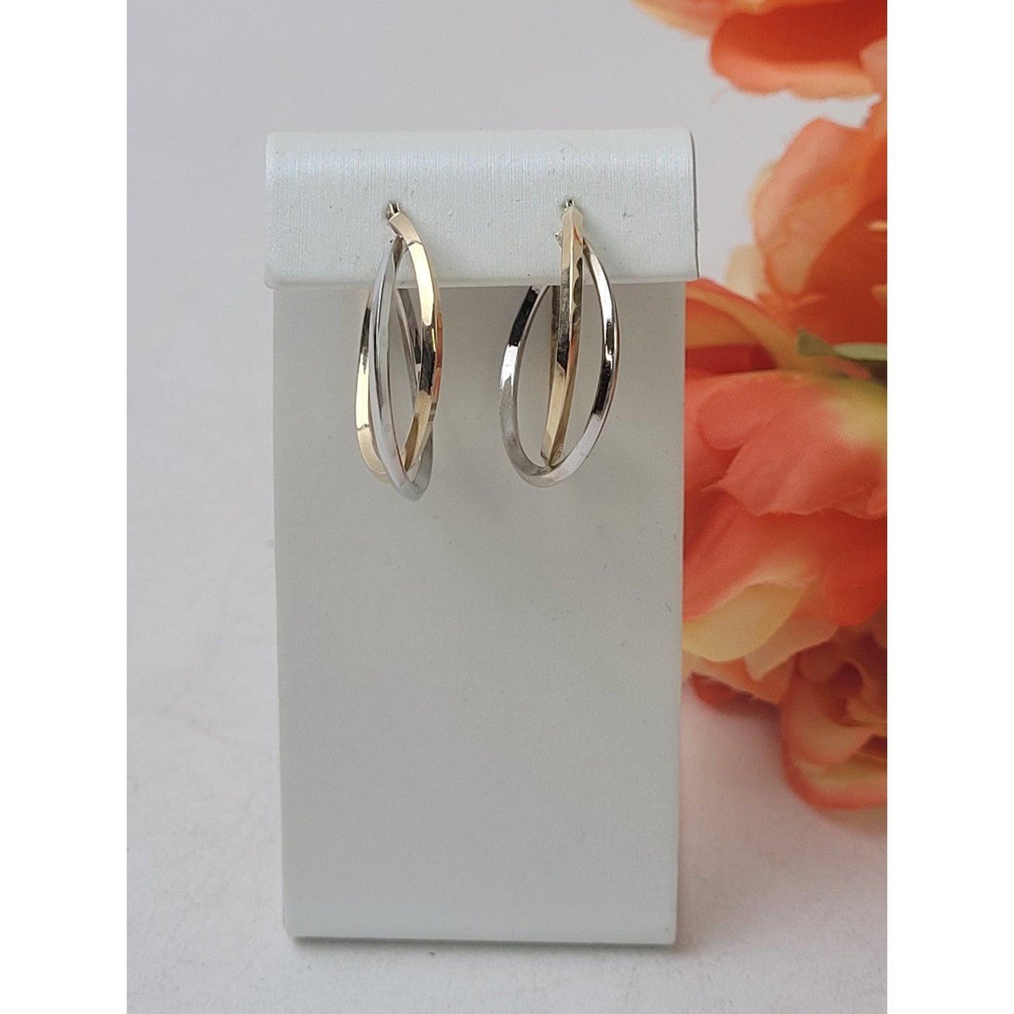 14K Yellow & White Gold Twisted Layered Overlapping Hoop Earrings | 1" Diameter