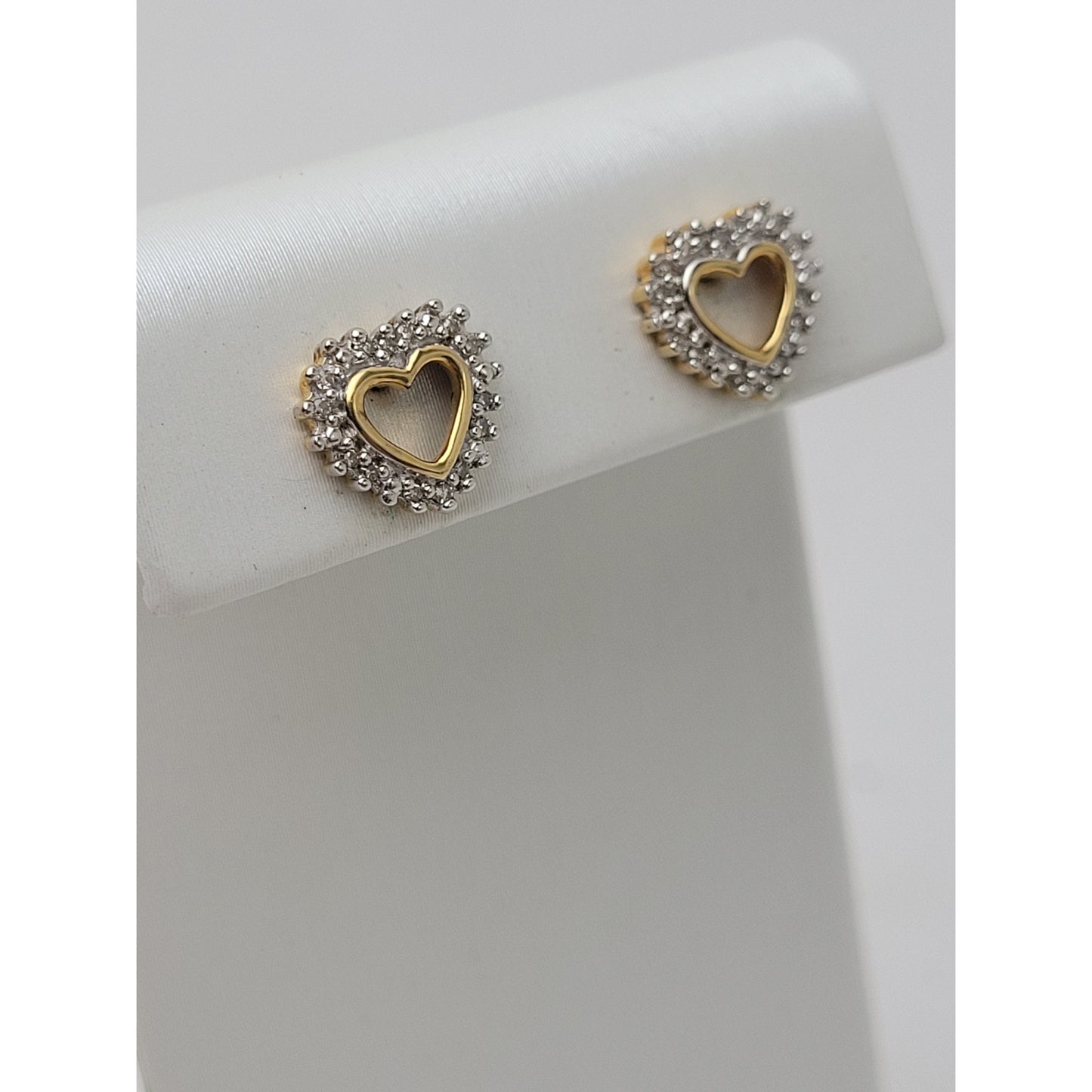 925 Sterling Silver Gold-Tone Heart Earrings Studs w Authentic Diamonds