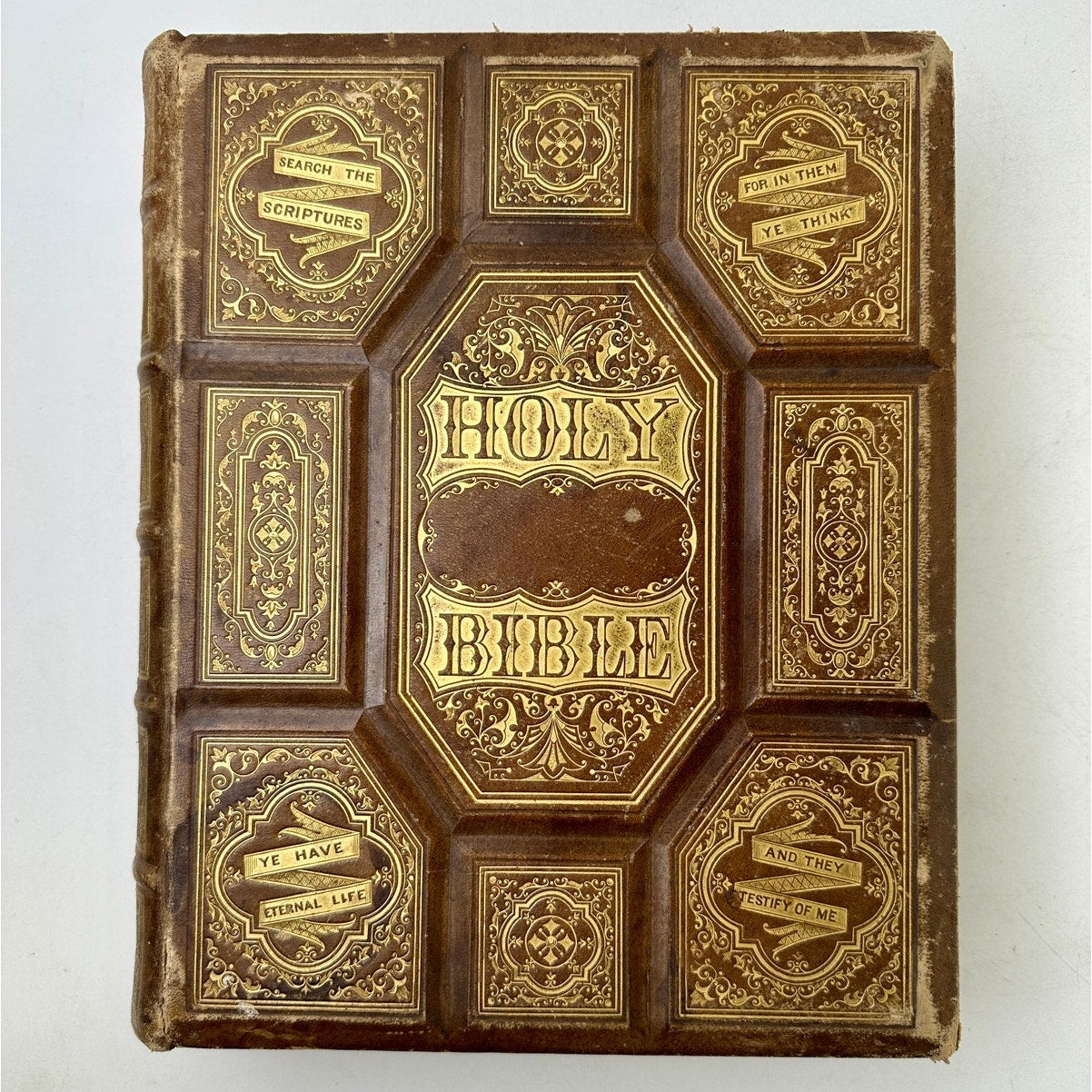 Antique 1870s Leather Pictorial Family Bible Gilt Embossed John 5:39 Cover Folio