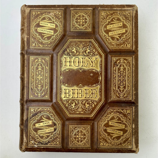 Antique 1870s Leather Pictorial Family Bible Gilt Embossed John 5:39 Cover Folio