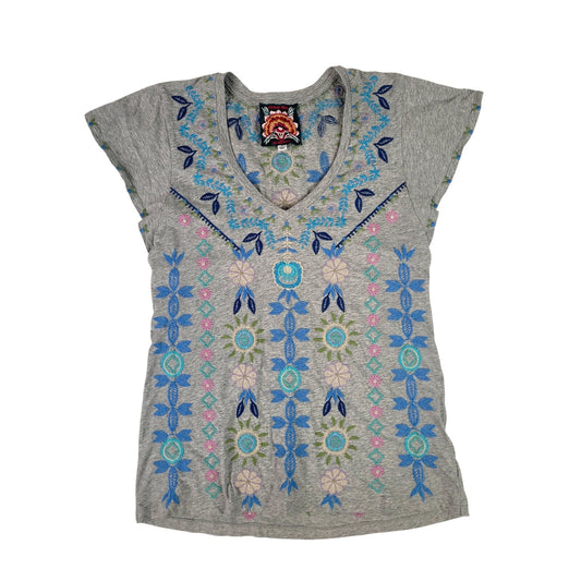 Johnny Was Floral Embroidered Boho Gray V-Neck T-Shirt Sz Small