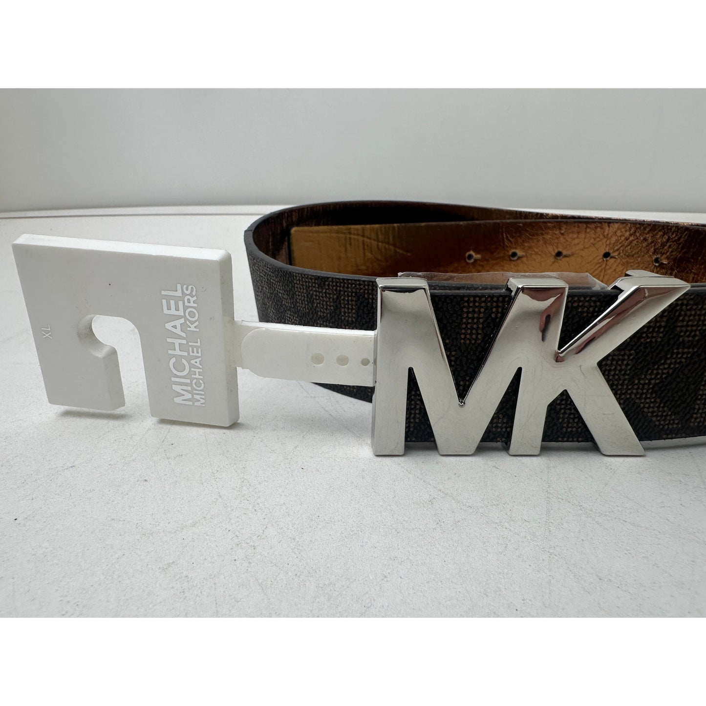 Michael Kors Brown Signature Logo Monogram Belt W/ Silver Tone MK Buckle Women's Sz XL NWT