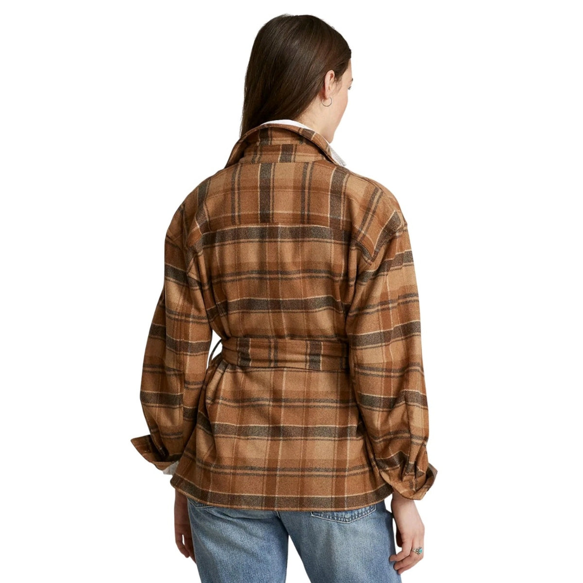 Polo Ralph Lauren Belted Wool-Blend Twill Shirt Brown Multi-Plaid Women's Sz 2