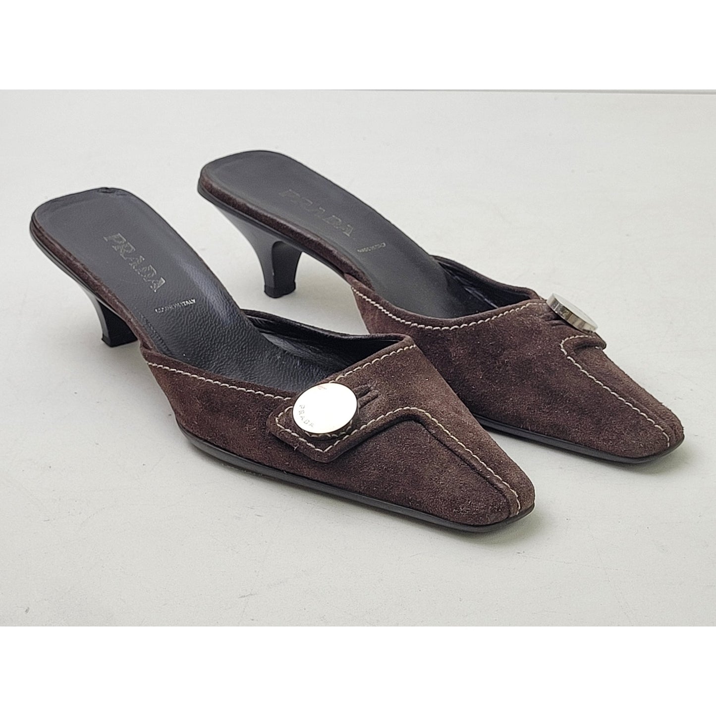 VTG PRADA Brown Suede Leather Mules Contrast Stitching Silver Hardware Sz 37.5