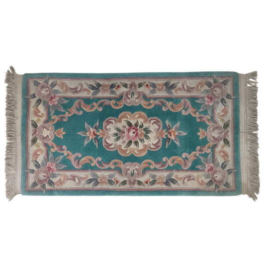 Vintage Aubusson-Style Wool Rug Green w Pink Floral Scrollwork 56" x 27"