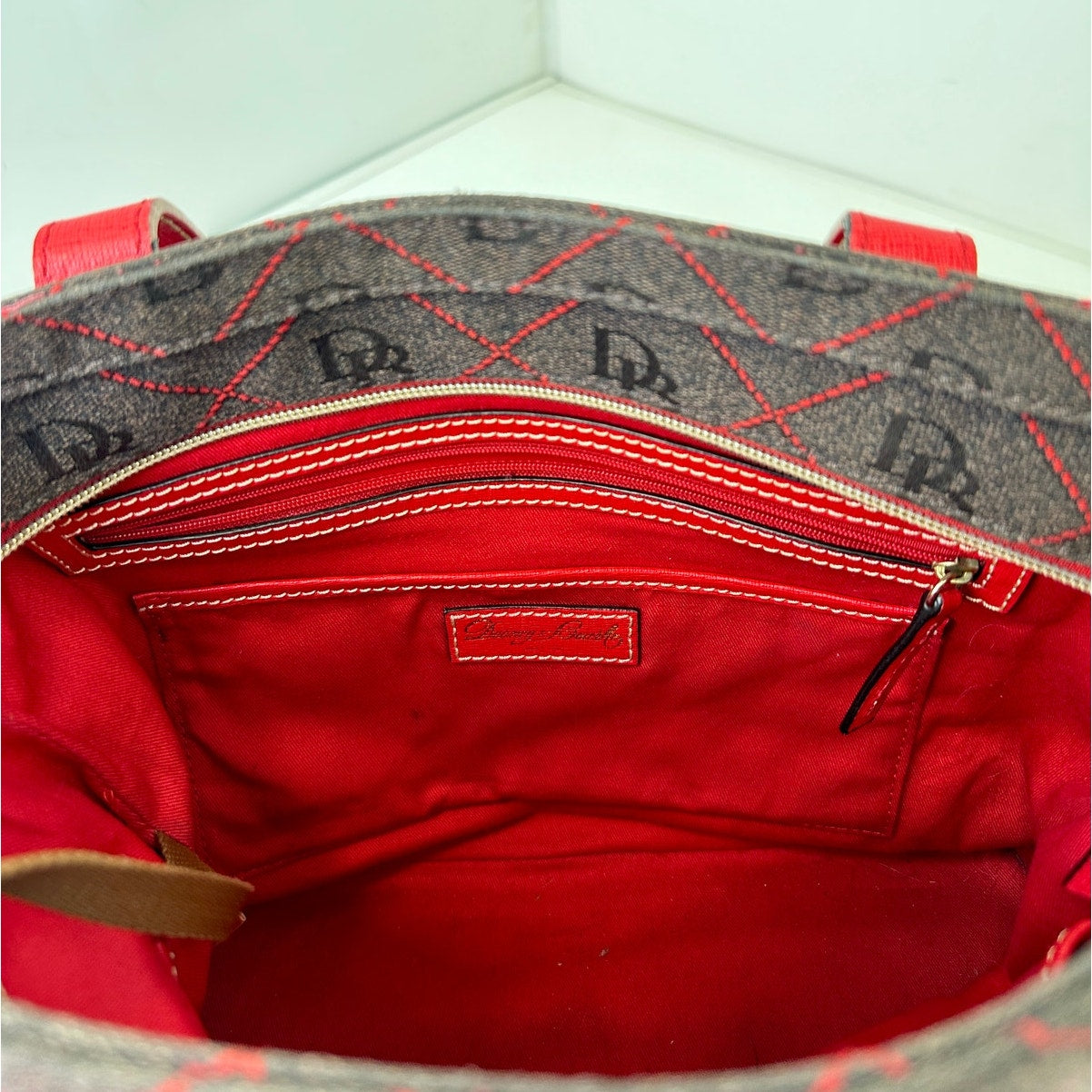 Dooney & Bourke Gretta Signature Brown / Red Monogram Coated Cotton Purse