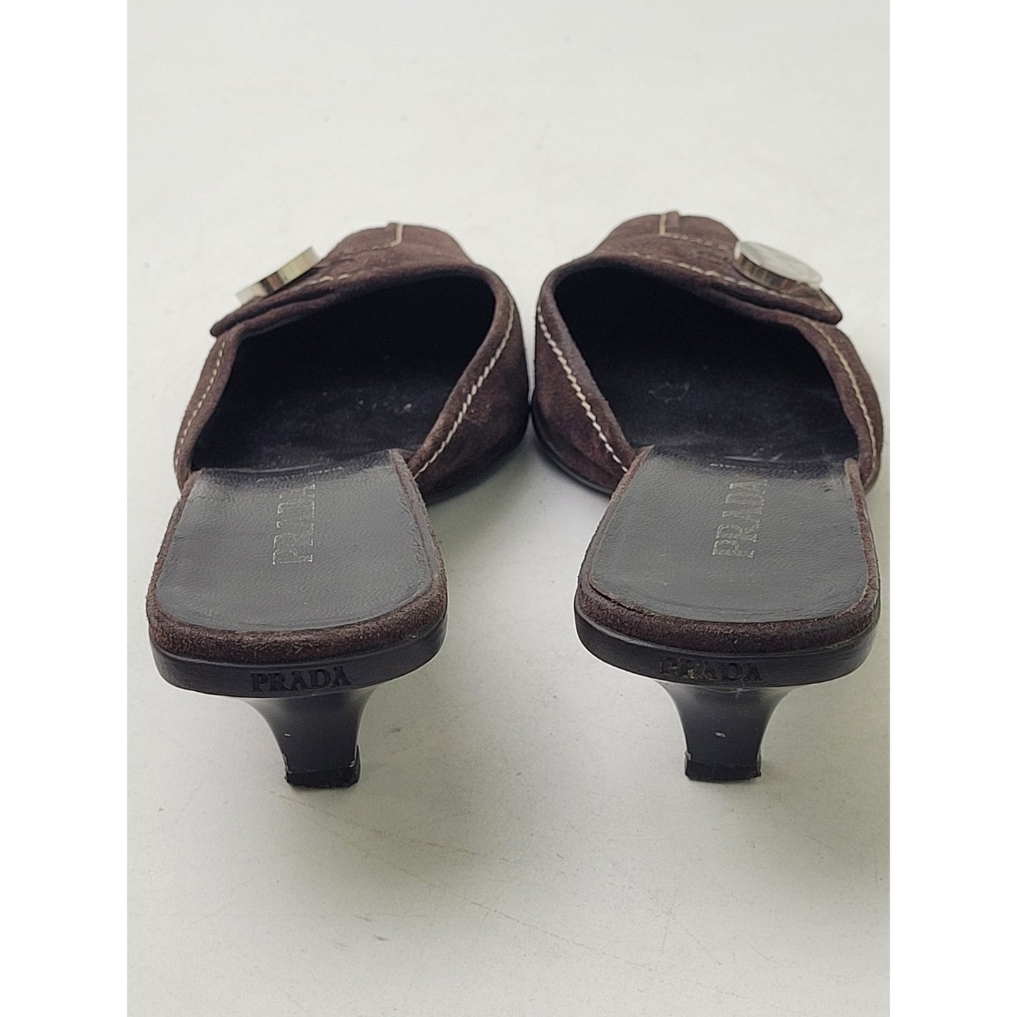 VTG PRADA Brown Suede Leather Mules Contrast Stitching Silver Hardware Sz 37.5