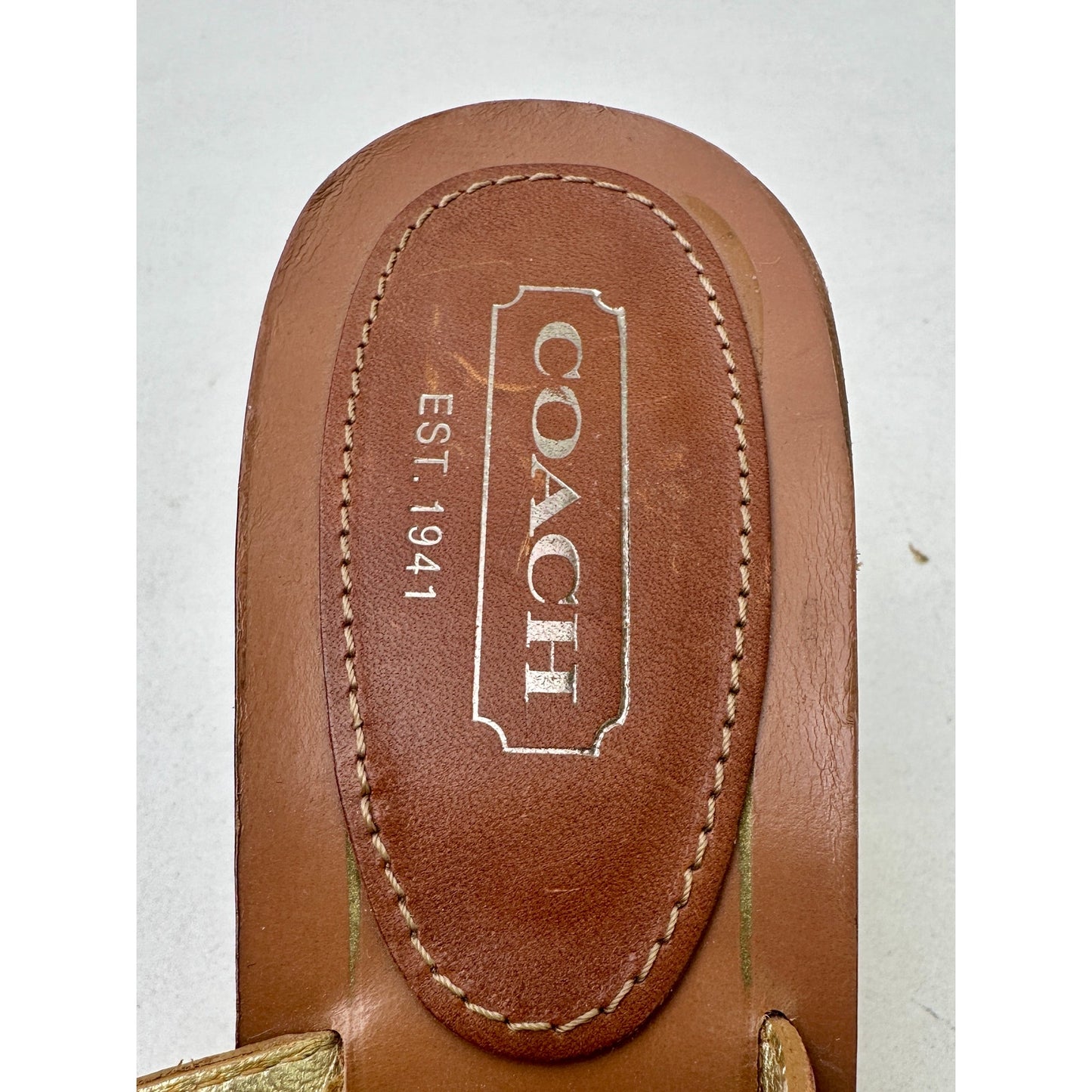 Vintage Coach Leather Kitten Heel Thong Sandal with Amber Medallion Women's Sz 9