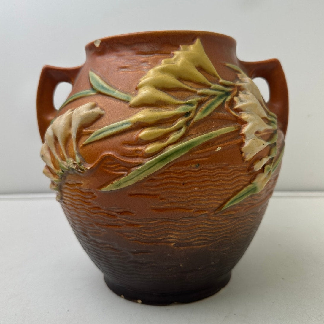 Vintage Roseville Freesia Art Orange Pottery Double-Handled Vase