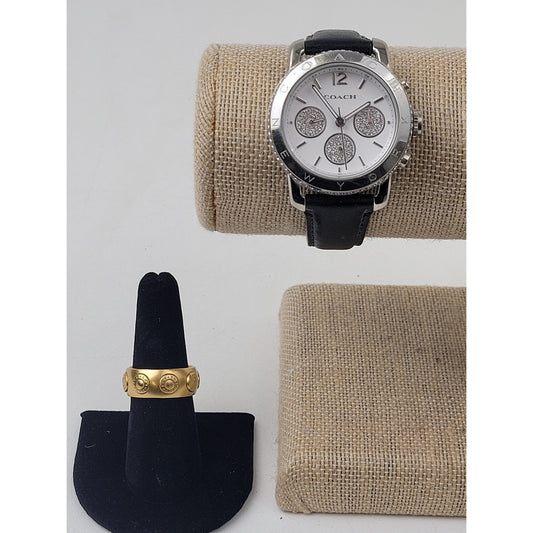 Coach Gold-tone Ring & Silver-tone Watch w Navy Leather Band