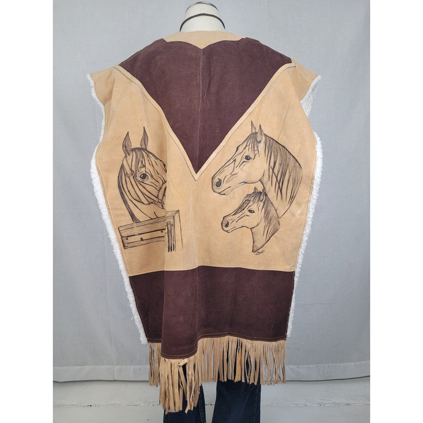 Mexican-made Western-style Leather Poncho w Fringe Cowboy and Horse Design