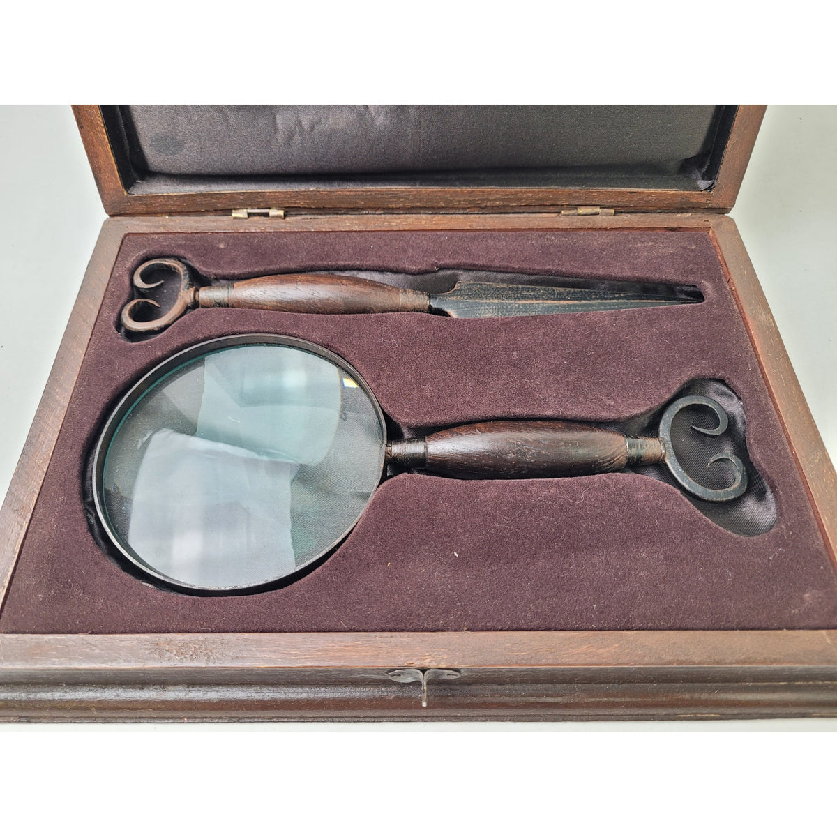 Vintage Metal & Wood Letter Opener Magnifying Glass Set in Wooden Box