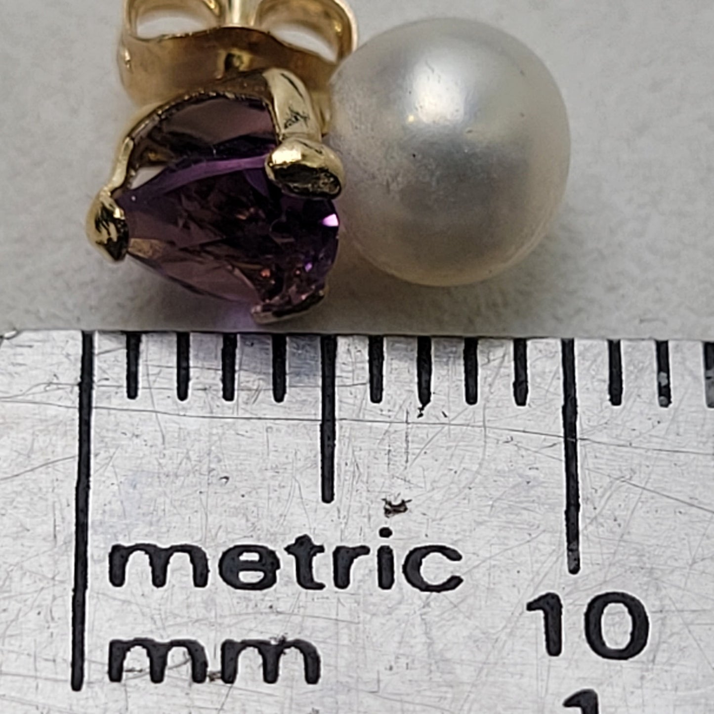 14K Yellow Gold Purple Amethyst & Pearl Drop Earrings 10mm Length